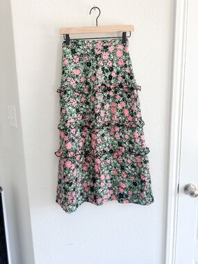 Oliver Bonas Daisy Print Green Tiered Midi Skirt size US 2